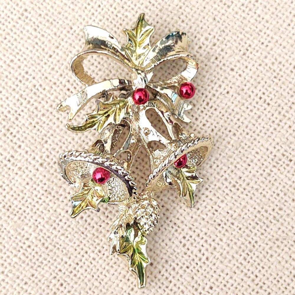 Vintage holly, bell and bow holiday brooch